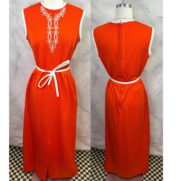 Vintage 1960's Orange MOD Sleeveless Maxi Dress M Accent Belt Groove MCM Retro - Picture 1 of 16